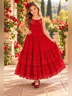 Joyfolie Girls Size 6 Red Lace Maxi Dress w/ Matching Bow NWOT